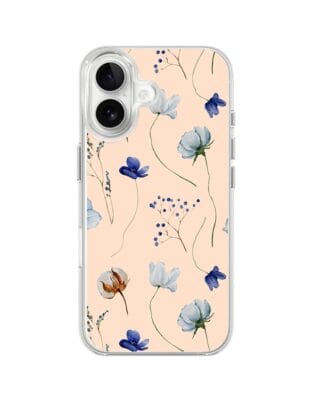 Etui do iPhone 16 z MagSafe przeźroczyste, silikonowe Flexi, kwiatki niebieskie na pudrowym tle