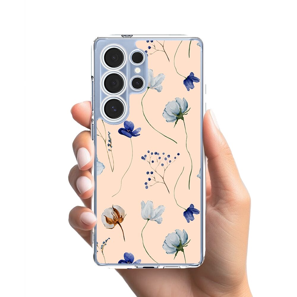 Etui do Samsung Galaxy S25 Ultra przeźroczyste, silikonowe Flexi, kwiatki niebieskie na pudrowym tle - obrazek 2