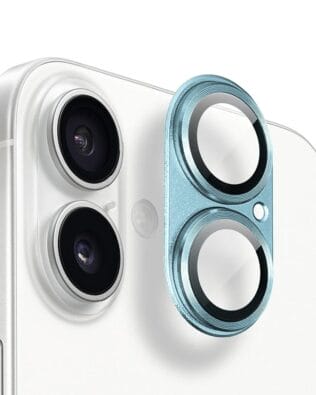 Metalowa osłona na cały aparat z wbudowanymi szkłami do iPhone 16 Plus, niebieska