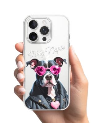 Etui do iPhone 16 Pro Max przeźroczyste, silikonowe Flexi, Puppy Love, pies rasy Amstaff