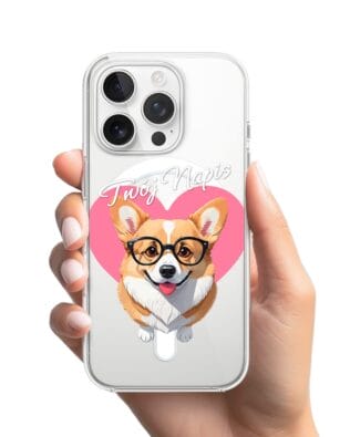 Etui do iPhone 14 Pro z MagSafe przeźroczyste, silikonowe Flexi, Puppy Love, pies rasy Corgi