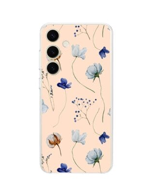 Etui do Samsung Galaxy S24 Plus przeźroczyste, silikonowe Flexi, kwiatki niebieskie na pudrowym tle