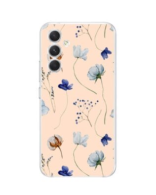 Etui do Samsung Galaxy A54 5G przeźroczyste, silikonowe Flexi, kwiatki niebieskie na pudrowym tle