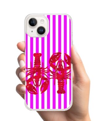 Etui do iPhone 13 przeźroczyste, silikonowe Flexi, kraby z różowymi paskami