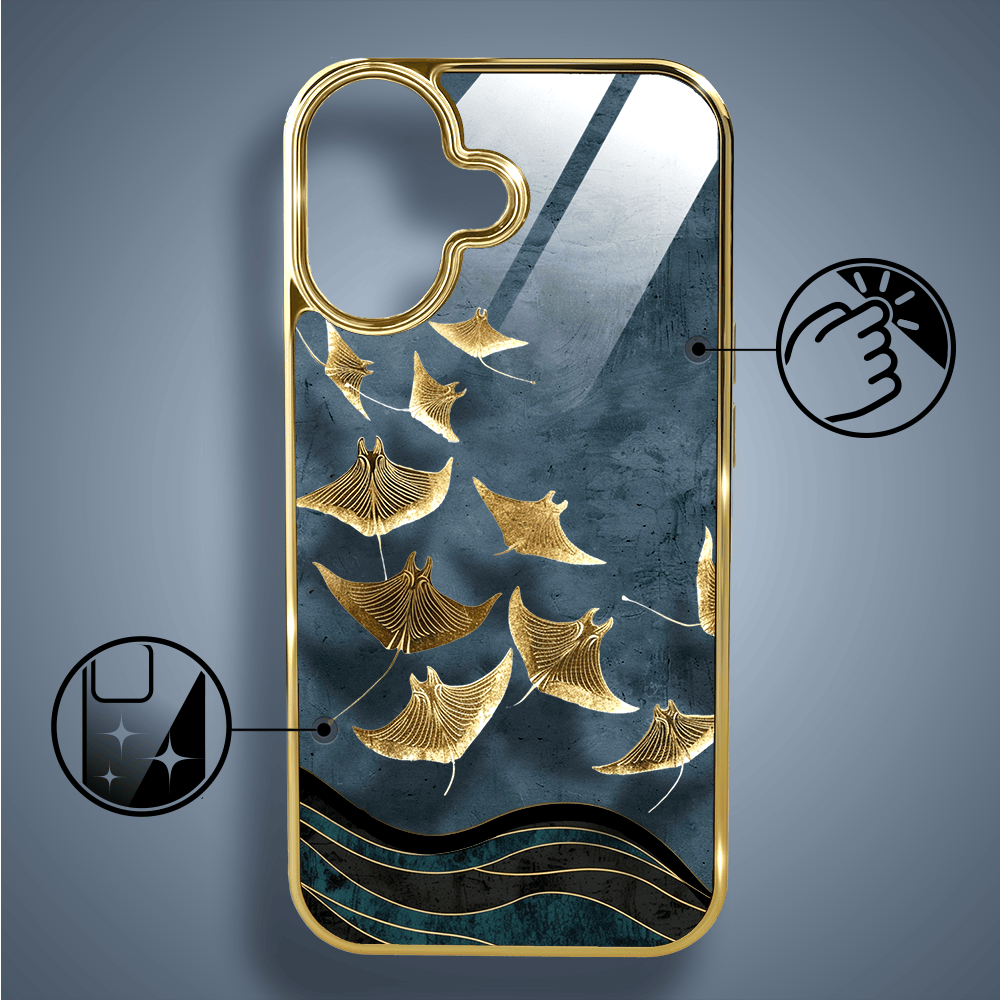 Etui do iPhone 16 IBIZU Elite Glass z MagSafe Magia Azji, Morze, Lot płaszczek, złote - obrazek 2