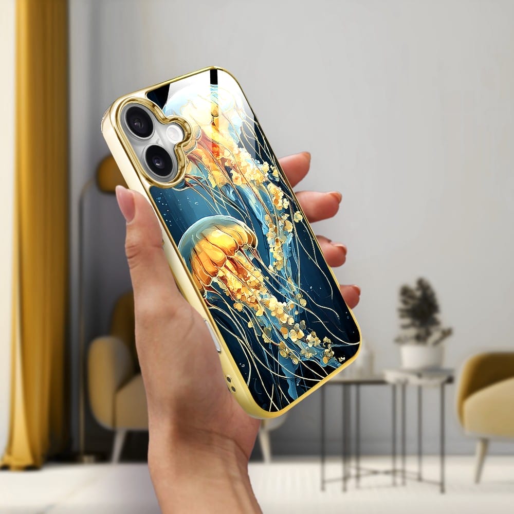 Etui do iPhone 16 Plus IBIZU Elite Glass z MagSafe Morze, Meduzy w głębinach, złote - obrazek 5
