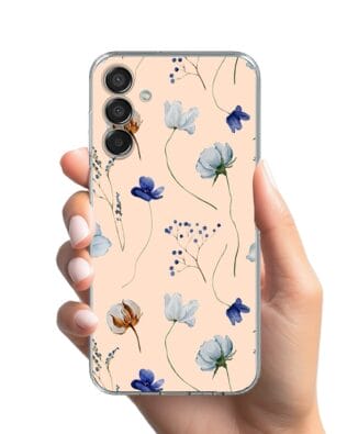 Etui do Samsung Galaxy M15 5G przeźroczyste, silikonowe Flexi, kwiatki niebieskie na pudrowym tle