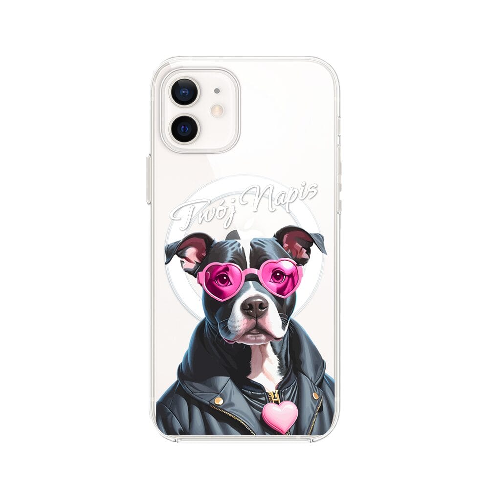 Etui do iPhone 12 z MagSafe przeźroczyste, silikonowe Flexi, Puppy Love, pies rasy Amstaff