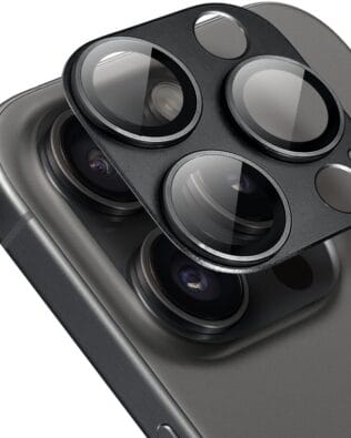 Metalowa osłona na cały aparat z wbudowanymi szkłami do iPhone 15 Pro, czarna