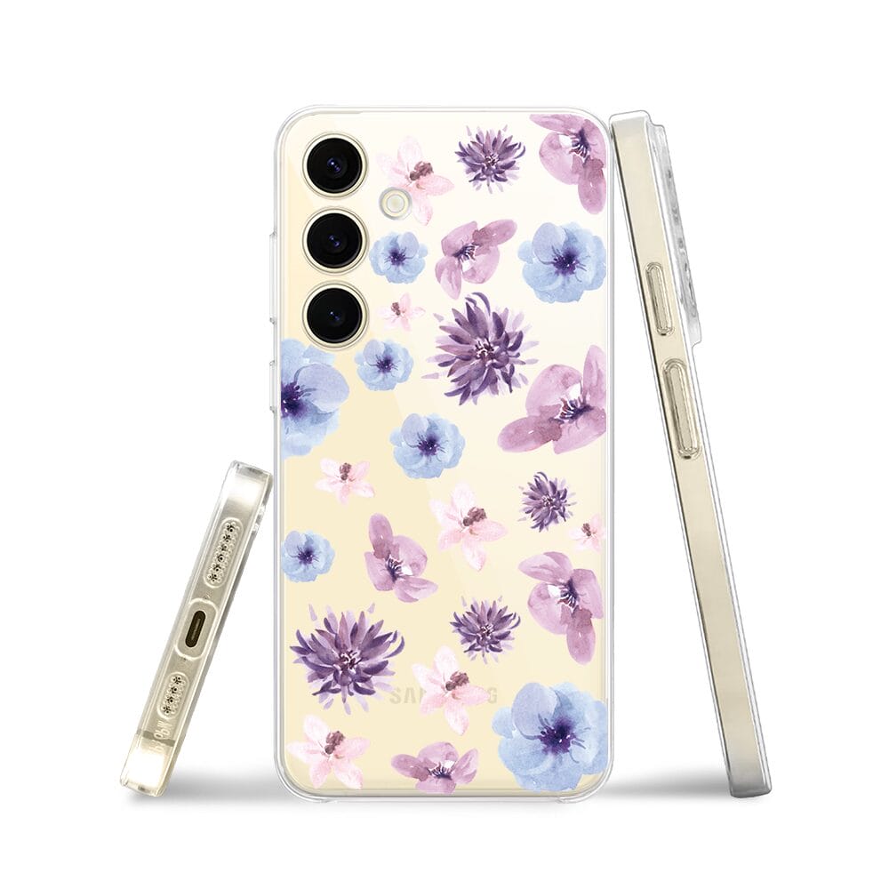 Etui do Samsung Galaxy S24 przeźroczyste, silikonowe Flexi, kwiatki niebieskie, fioletowe - obrazek 3
