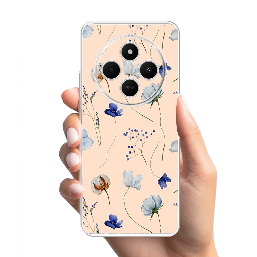 Etui do Xiaomi POCO C75 przeźroczyste, silikonowe Flexi, kwiatki niebieskie na pudrowym tle - obrazek 2