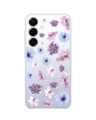 Etui do Samsung Galaxy S25 przeźroczyste, silikonowe Flexi, kwiatki niebieskie, fioletowe