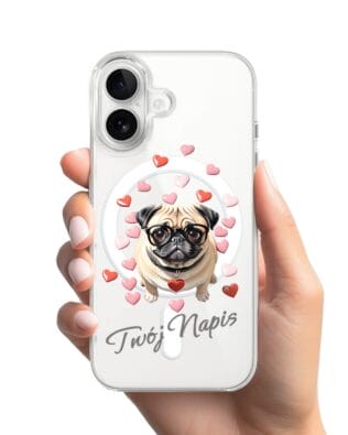 Etui do iPhone 16 Plus z MagSafe przeźroczyste, silikonowe Flexi, Puppy Love, pies rasy Mops