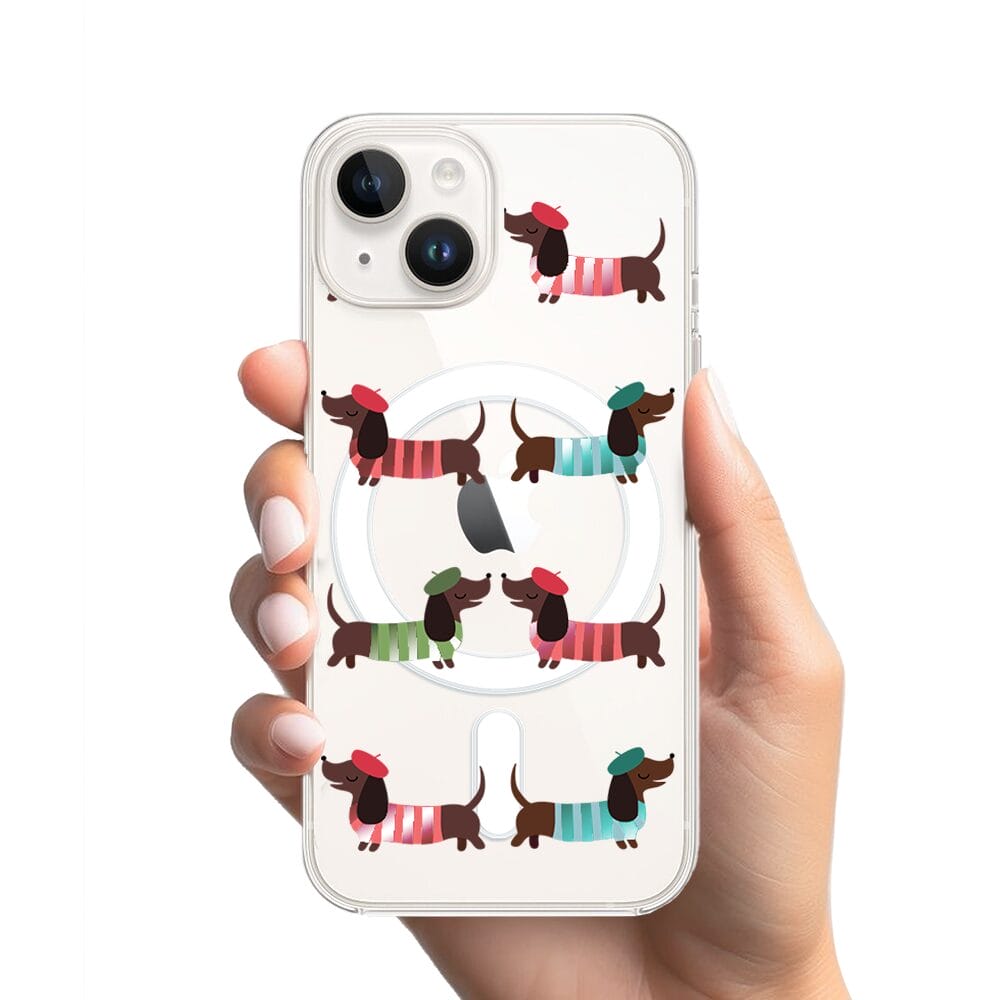 Etui do iPhone 13 Mini z MagSafe przeźroczyste, silikonowe Flexi, jamnik w Paryżu - obrazek 2