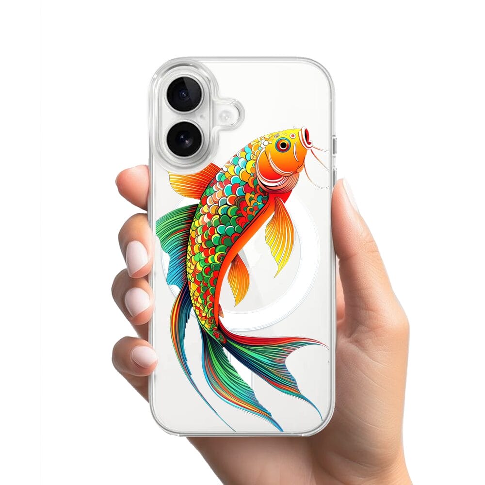 Etui do iPhone 16 z MagSafe przeźroczyste, silikonowe Flexi, Dzika Mandala, Złota ryba - obrazek 2