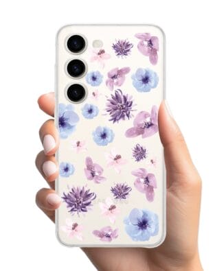 Etui do Samsung Galaxy S23 przeźroczyste, silikonowe Flexi, kwiatki niebieskie, fioletowe