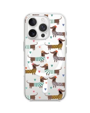 Etui do iPhone 14 Pro z MagSafe przeźroczyste, silikonowe Flexi, zakochane jamniki