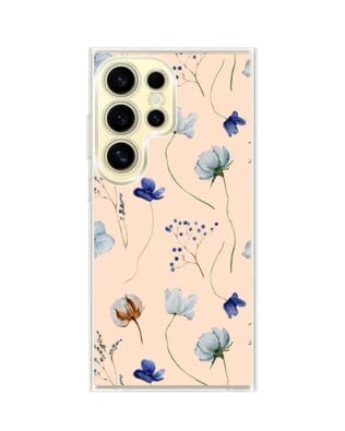 Etui do Samsung Galaxy S24 Ultra z MagSafe przeźroczyste, silikonowe Flexi, kwiatki niebieskie na pudrowym tle