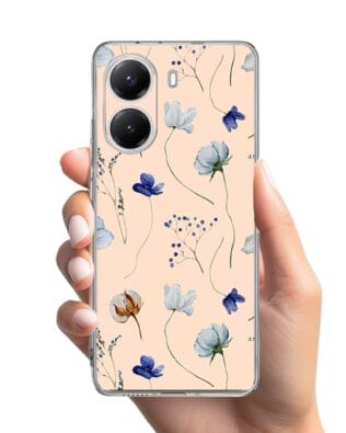 Etui do Xiaomi POCO X7 Pro przeźroczyste, silikonowe Flexi, kwiatki niebieskie na pudrowym tle
