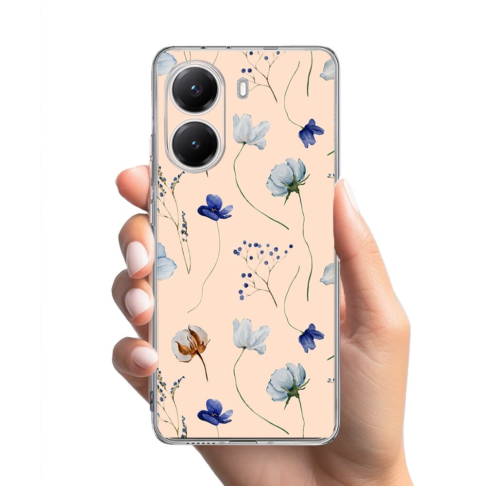 Etui do Xiaomi POCO X7 Pro przeźroczyste, silikonowe Flexi, kwiatki niebieskie na pudrowym tle - obrazek 2