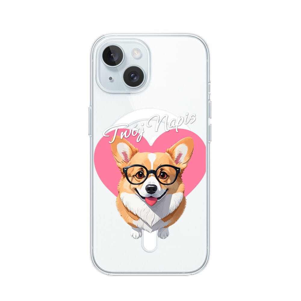 Etui do iPhone 15 z MagSafe przeźroczyste, silikonowe Flexi, Puppy Love, pies rasy Corgi