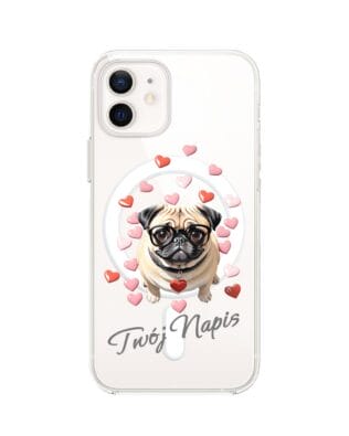 Etui do iPhone 12 Mini z MagSafe przeźroczyste, silikonowe Flexi, Puppy Love, pies rasy Mops