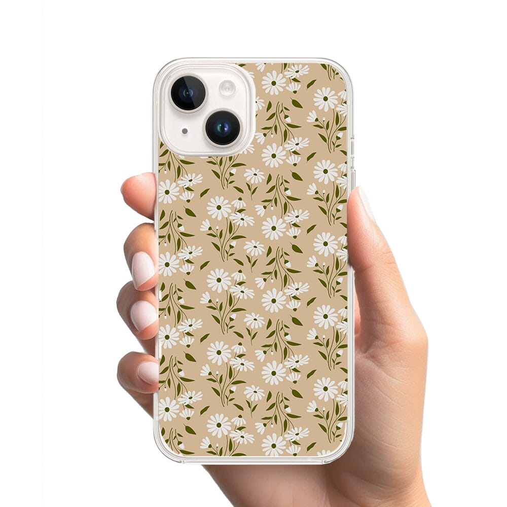 Etui do iPhone 13 przeźroczyste, silikonowe Flexi, delikatne kwiatki na cielistym tle - obrazek 2