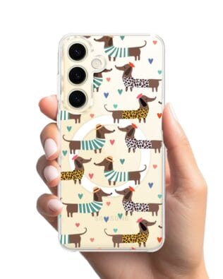 Etui do Samsung Galaxy S24 z MagSafe przeźroczyste, silikonowe Flexi, zakochane jamniki