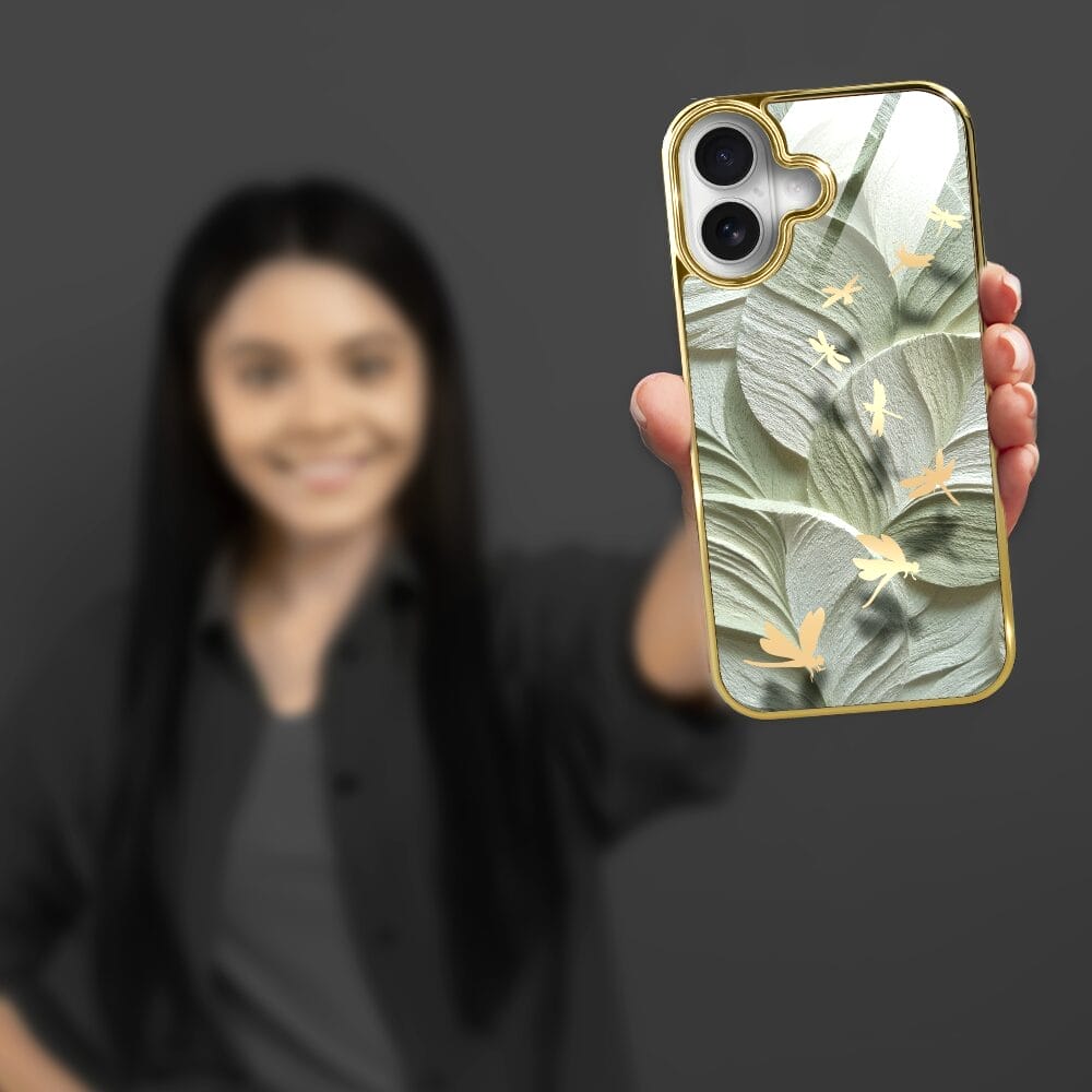 Etui do iPhone 16 IBIZU Elite Glass z MagSafe, Kwiaty, Taniec ważek, złote - obrazek 6