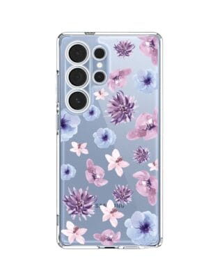 Etui do Samsung Galaxy S25 Ultra przeźroczyste, silikonowe Flexi, kwiatki niebieskie, fioletowe