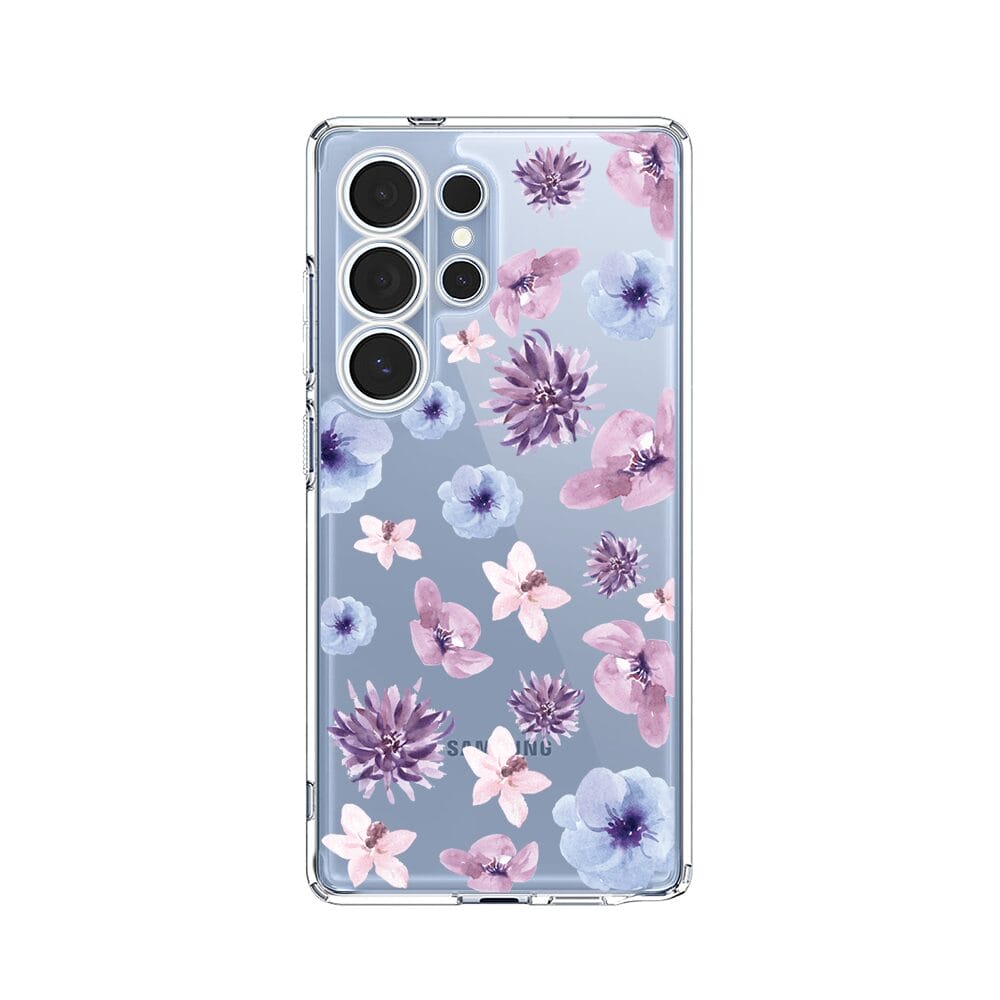 Etui do Samsung Galaxy S25 Ultra przeźroczyste, silikonowe Flexi, kwiatki niebieskie, fioletowe