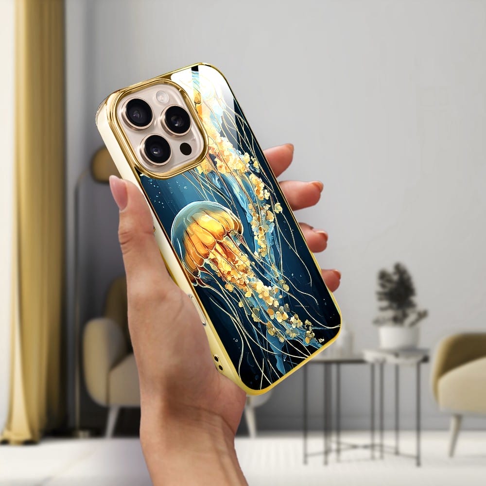 Etui do iPhone 16 Pro Max IBIZU Elite Glass z MagSafe Morze, Meduzy w głębinach, złote - obrazek 5