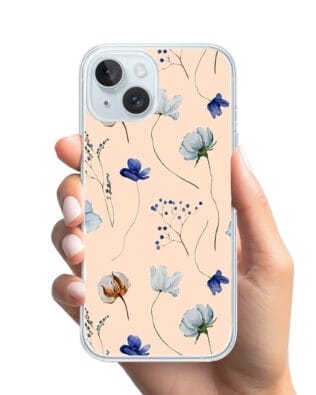 Etui do iPhone 15 z MagSafe przeźroczyste, silikonowe Flexi, kwiatki niebieskie na pudrowym tle