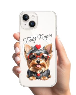Etui do iPhone 14 z MagSafe przeźroczyste, silikonowe Flexi, Puppy Love, pies rasy York