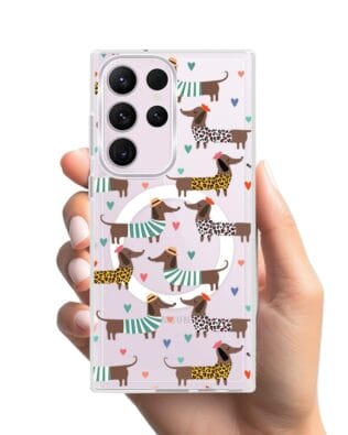 Etui do Samsung Galaxy S23 Ultra z MagSafe przeźroczyste, silikonowe Flexi, zakochane jamniki