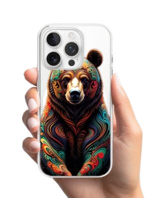Etui do iPhone 15 Pro z MagSafe przeźroczyste, silikonowe Flexi, Dzika Mandala, Niedźwiedź