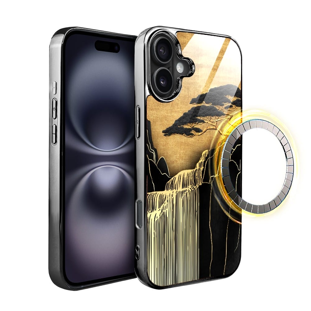 Etui do iPhone 16 IBIZU Elite Glass z MagSafe Magia Azji, Złoty wodospad, czarne