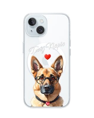Etui do iPhone 15 z MagSafe przeźroczyste, silikonowe Flexi, Puppy Love, pies rasy Owczarek Niemiecki