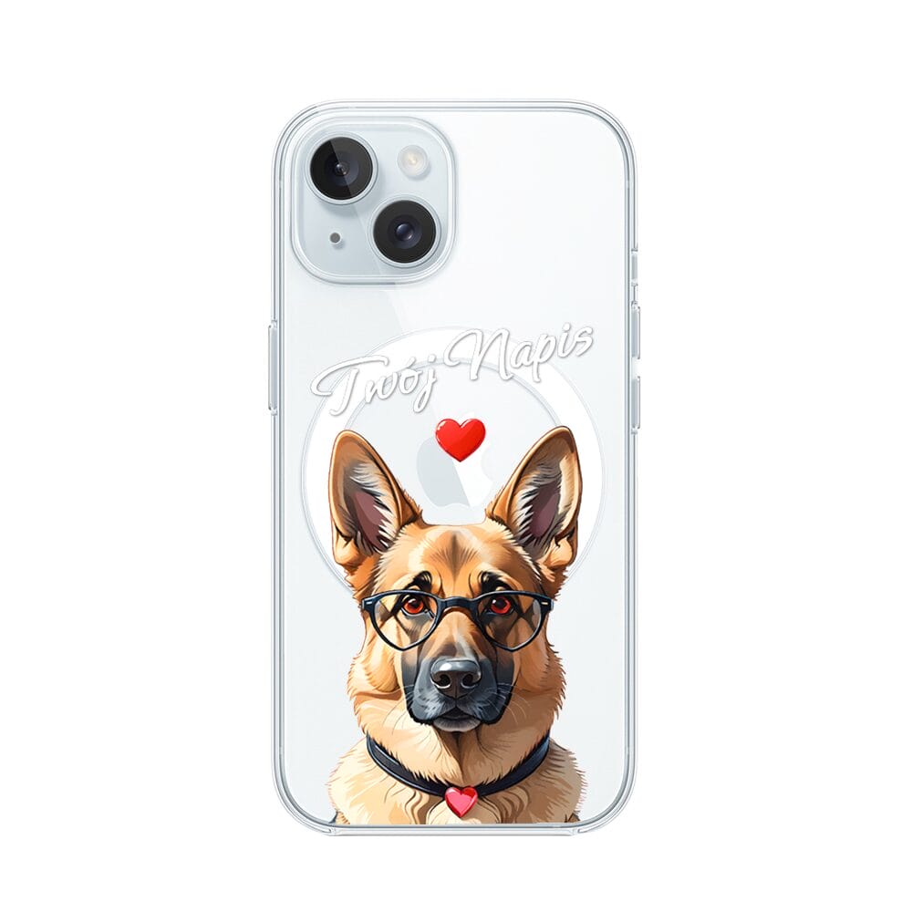 Etui do iPhone 15 z MagSafe przeźroczyste, silikonowe Flexi, Puppy Love, pies rasy Owczarek Niemiecki