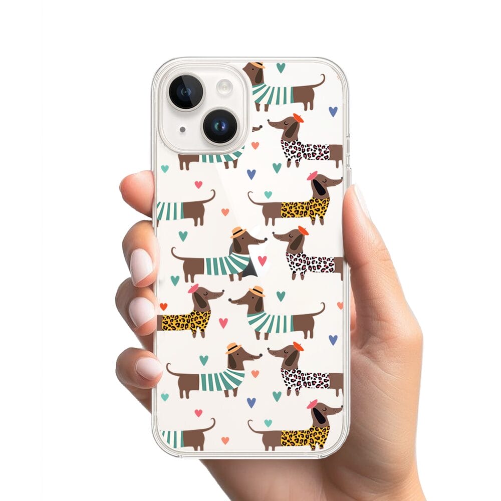 Etui do iPhone 13 Mini przeźroczyste, silikonowe Flexi, zakochane jamniki - obrazek 2