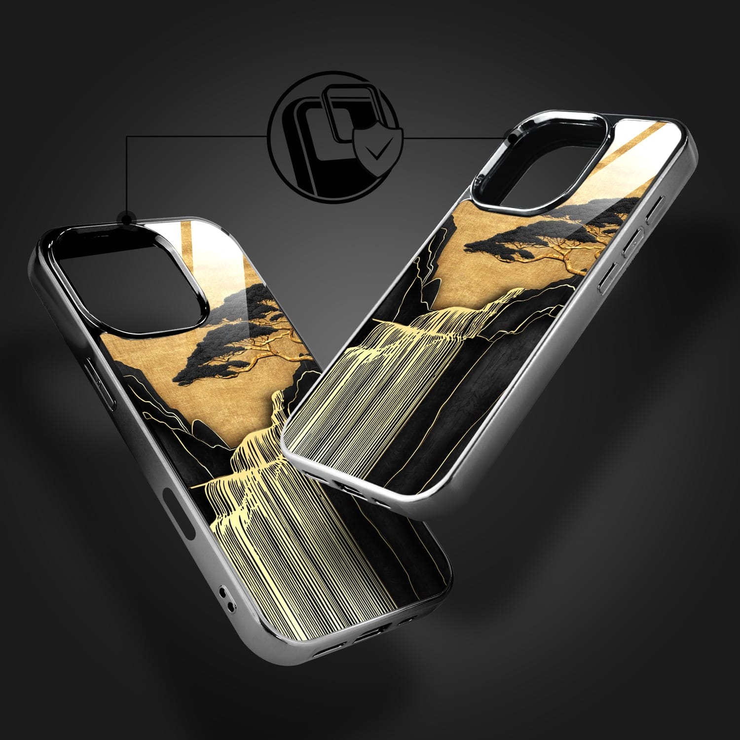 Etui do iPhone 16 Pro IBIZU Elite Glass z MagSafe Magia Azji, Złoty wodospad, czarne - obrazek 3