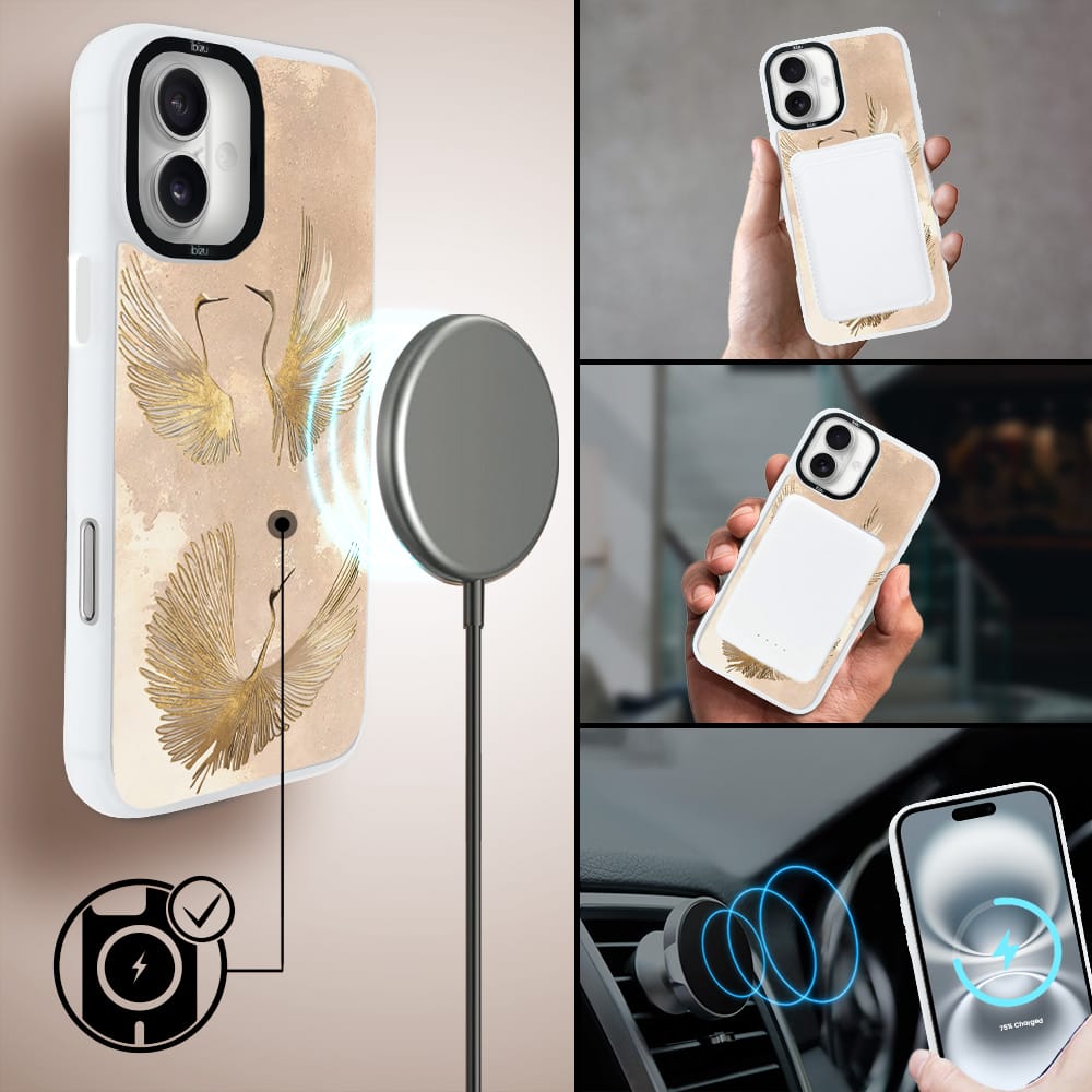 Etui do iPhone 16 IBIZU DropGuard Matt z MagSafe, Boho, Złote żurawie - obrazek 8