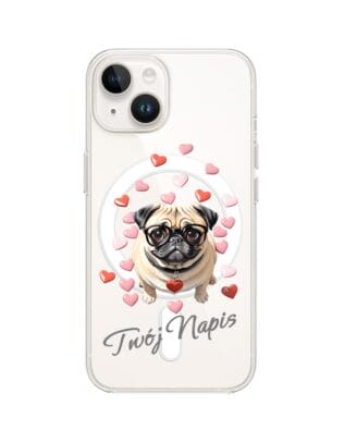 Etui do iPhone 13 Mini z MagSafe przeźroczyste, silikonowe Flexi, Puppy Love, pies rasy Mops