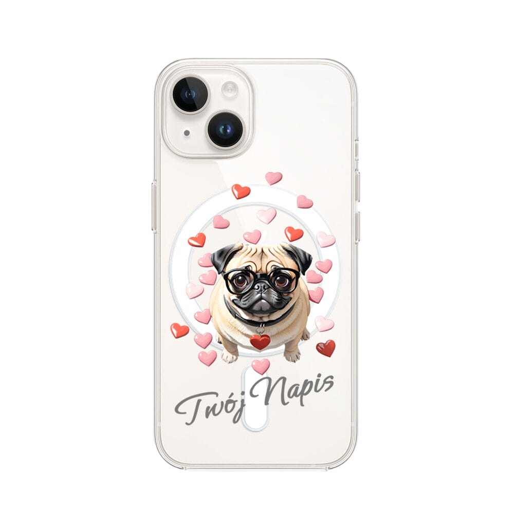 Etui do iPhone 13 Mini z MagSafe przeźroczyste, silikonowe Flexi, Puppy Love, pies rasy Mops