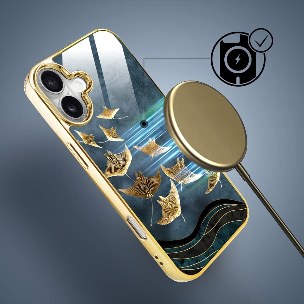 Etui do iPhone 16 IBIZU Elite Glass z MagSafe Magia Azji, Morze, Lot płaszczek, złote - obrazek 7