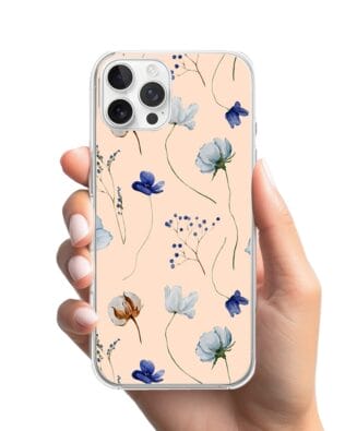 Etui do iPhone 12 Pro Max z MagSafe przeźroczyste, silikonowe Flexi, kwiatki niebieskie na pudrowym tle