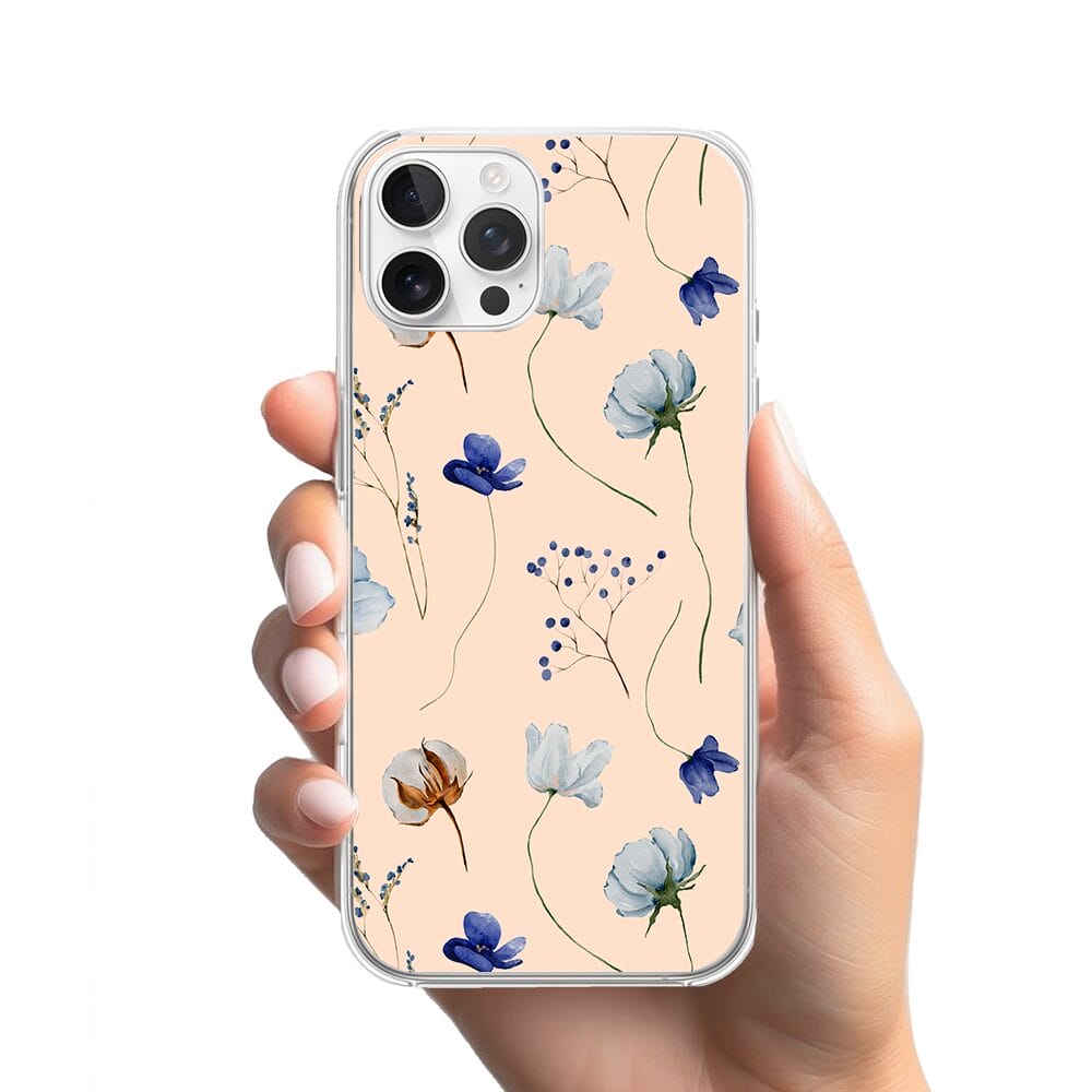 Etui do iPhone 12 Pro Max z MagSafe przeźroczyste, silikonowe Flexi, kwiatki niebieskie na pudrowym tle - obrazek 2