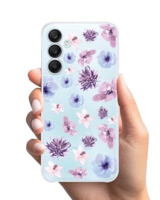 Etui do Samsung Galaxy M35 5G przeźroczyste, silikonowe Flexi, kwiatki niebieskie, fioletowe