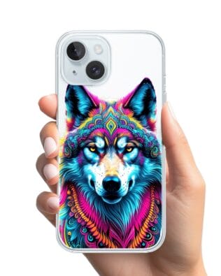 Etui do iPhone 15 Plus z MagSafe przeźroczyste, silikonowe Flexi, Dzika Mandala, Wilk