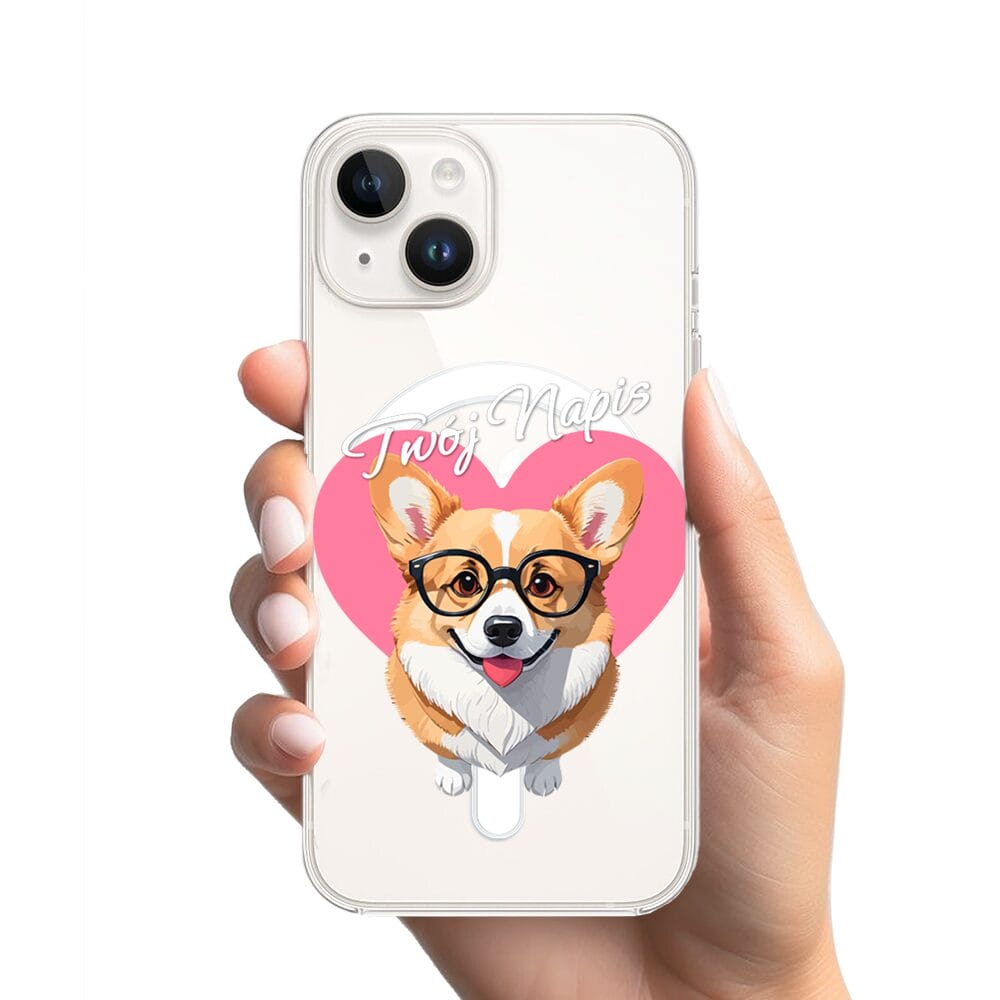 Etui do iPhone 13 Mini z MagSafe przeźroczyste, silikonowe Flexi, Puppy Love, pies rasy Corgi - obrazek 2